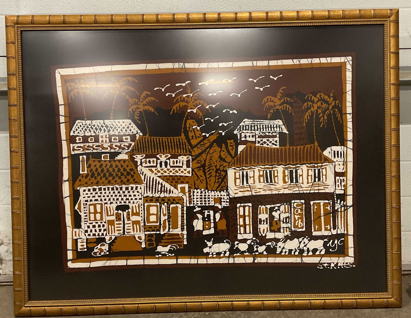 Framed Strats Village Scene Batik Lithograph 38in (1 of 6)