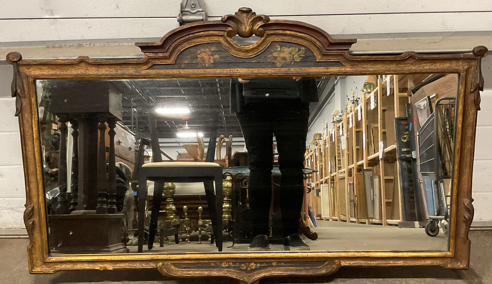 XL Vtg Gilt Wood Hand Painted Wall Mirror 44 In W (1 of 6)