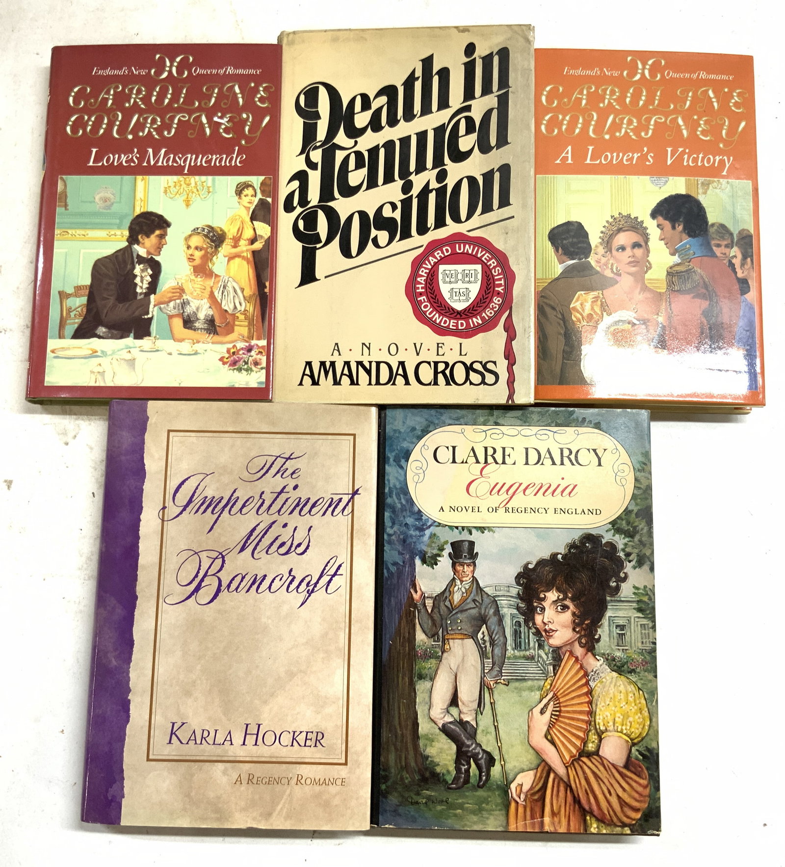 Lot 5 Vintage Hardcover 1st Ed Books 1977-1991: Lot includes 5 books. Including LOVES MASQUERADE BY CAROLINE COURTNEY (PUBL 1981 Columbine House), DEATH IN TENURED POSITION by AMANDA CROSS (PUBL 1981 EP DUTTON). A LOVERS VICTORY BY CAROLINE COURTNE