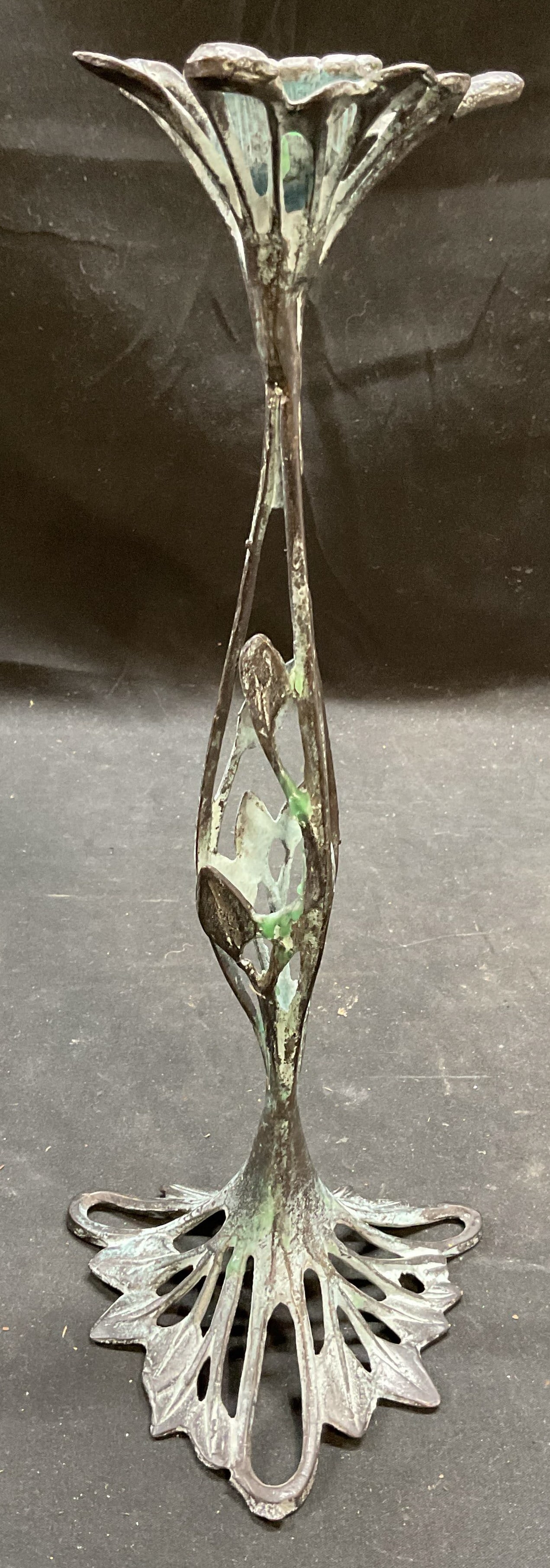 Vintage Art Nouveau Style Floral Candlestick 11.5i: Vintage art nouveau style candlestick. Reticulated cast metal with floral design. Verdigris patina. Measures approx 4.5 x 4.5 x 11.5 inches. Scratching and patina observed. Art nouveau style candlesti