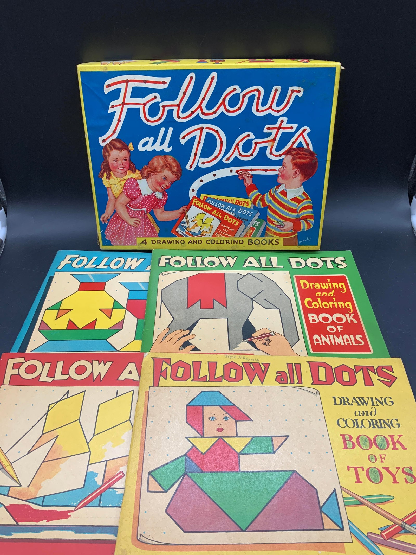 Vtg Follow Dots Drawing Books W BOX 1940: Copyright 1940. Vtg Follow All Dots Drawing & Coloring Books W BOX Vntg drawing & coloring books featuring specifically dot activities. Books have drawings completed by previous owner. Comes with orig