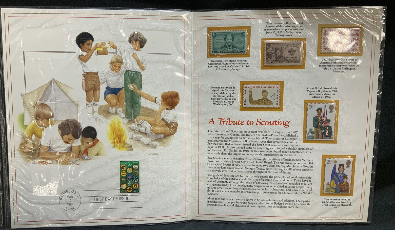 1987 Tribute to Scouting Anniv. Folio 1st Day Cvr: 1987 Tribute to Scouting Anniv. Folio 1st Day Cvr A Tribute to Scouting Anniversary Folio. Folio features a tribute to scouting, detailing its origins & impacts. Including various illustrations stamps