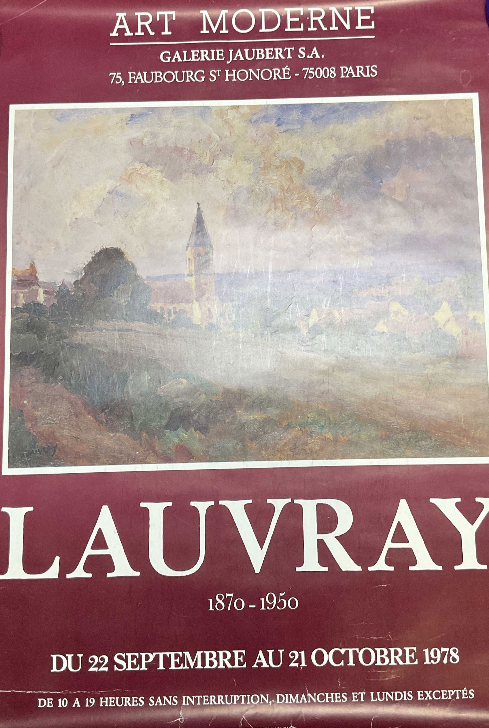 1978 Lauvray Exhibition Litho Poster, France 25in: Lithograph poster. 1978 Advertising poster for Lauvray exhibition at Galerie Jaubert S. A. Partial landscape scene with church. Printed in France. Measures approx 25 x 18.5 inches. Creasing to paper.