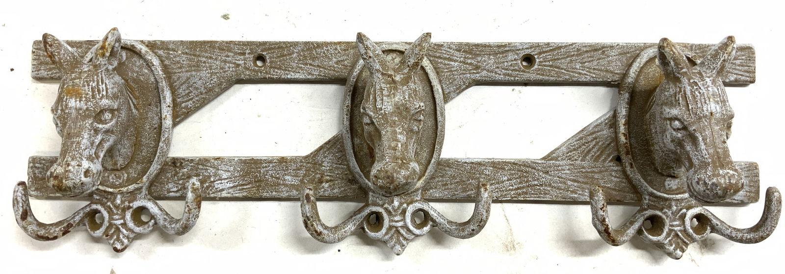 Vtg Iron 3 Horse Head Wall Mount Key Hook 15in (1 of 6)