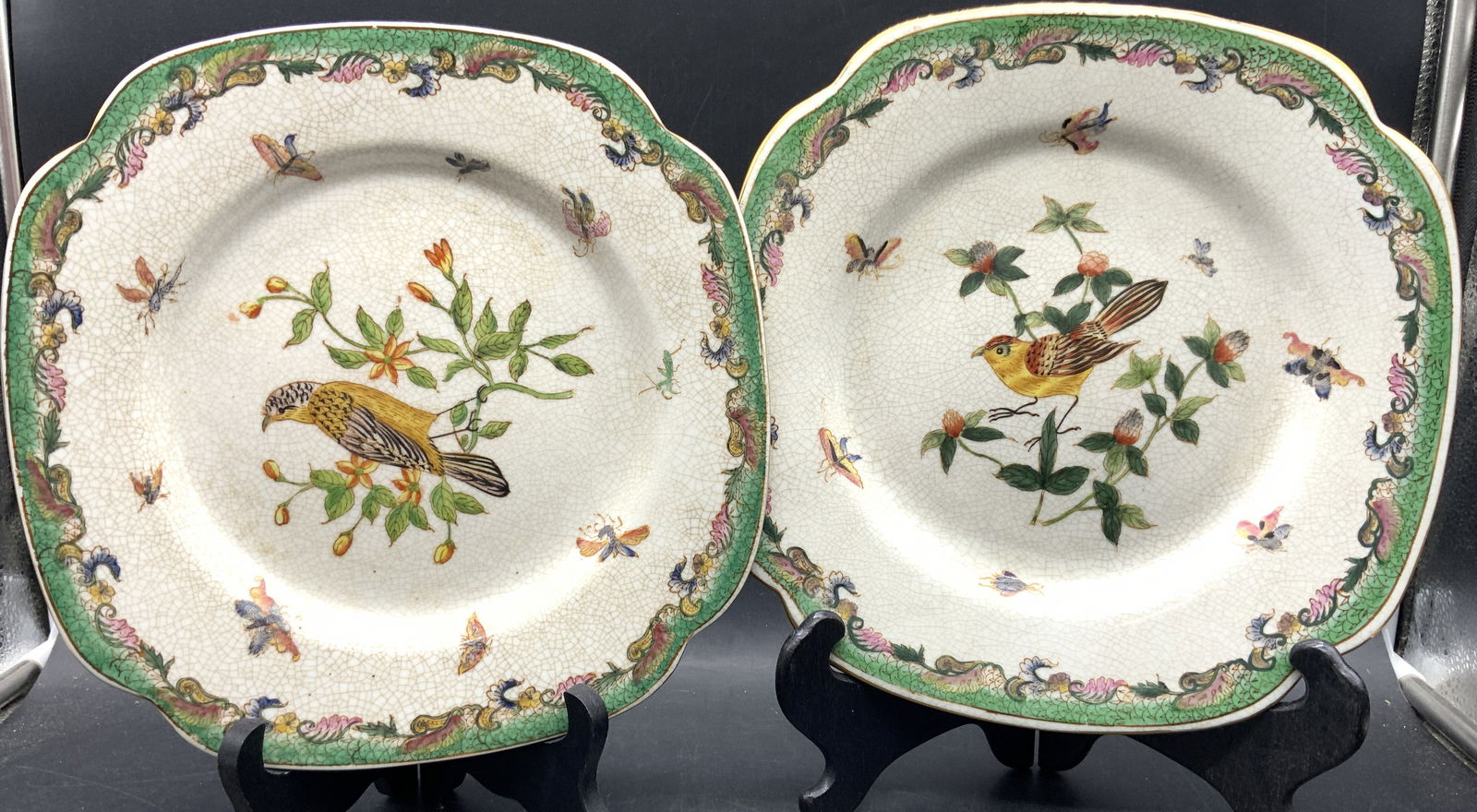 Vintage Sgnd Pr Asian Porc Plates W Floral & Bird (1 of 8)