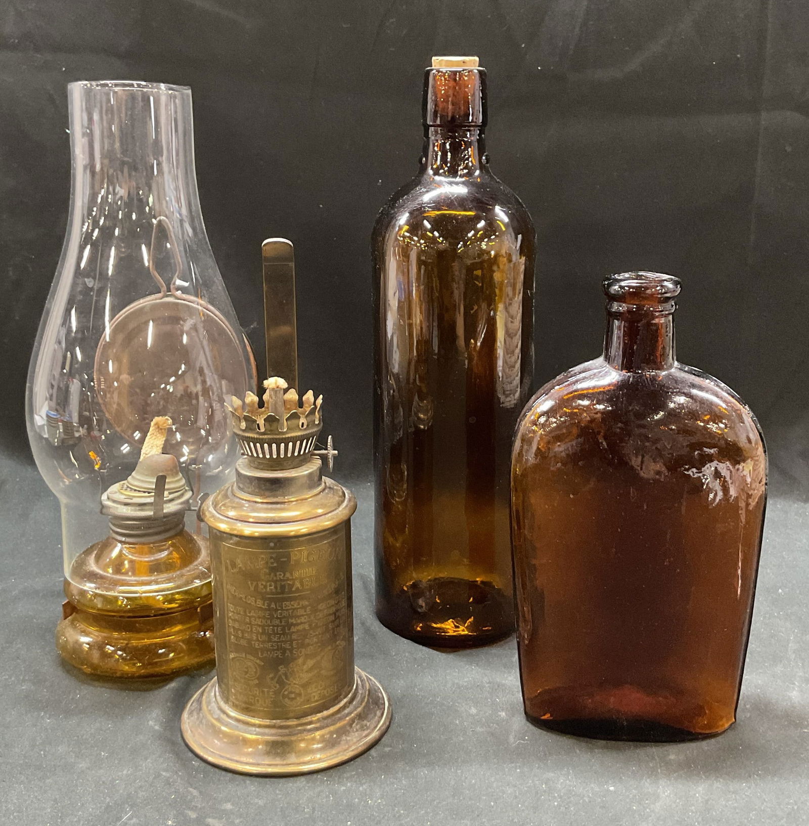 4 Atq Glass Brass Oil Lamps Amber Bottles Japan+ (1 of 18)