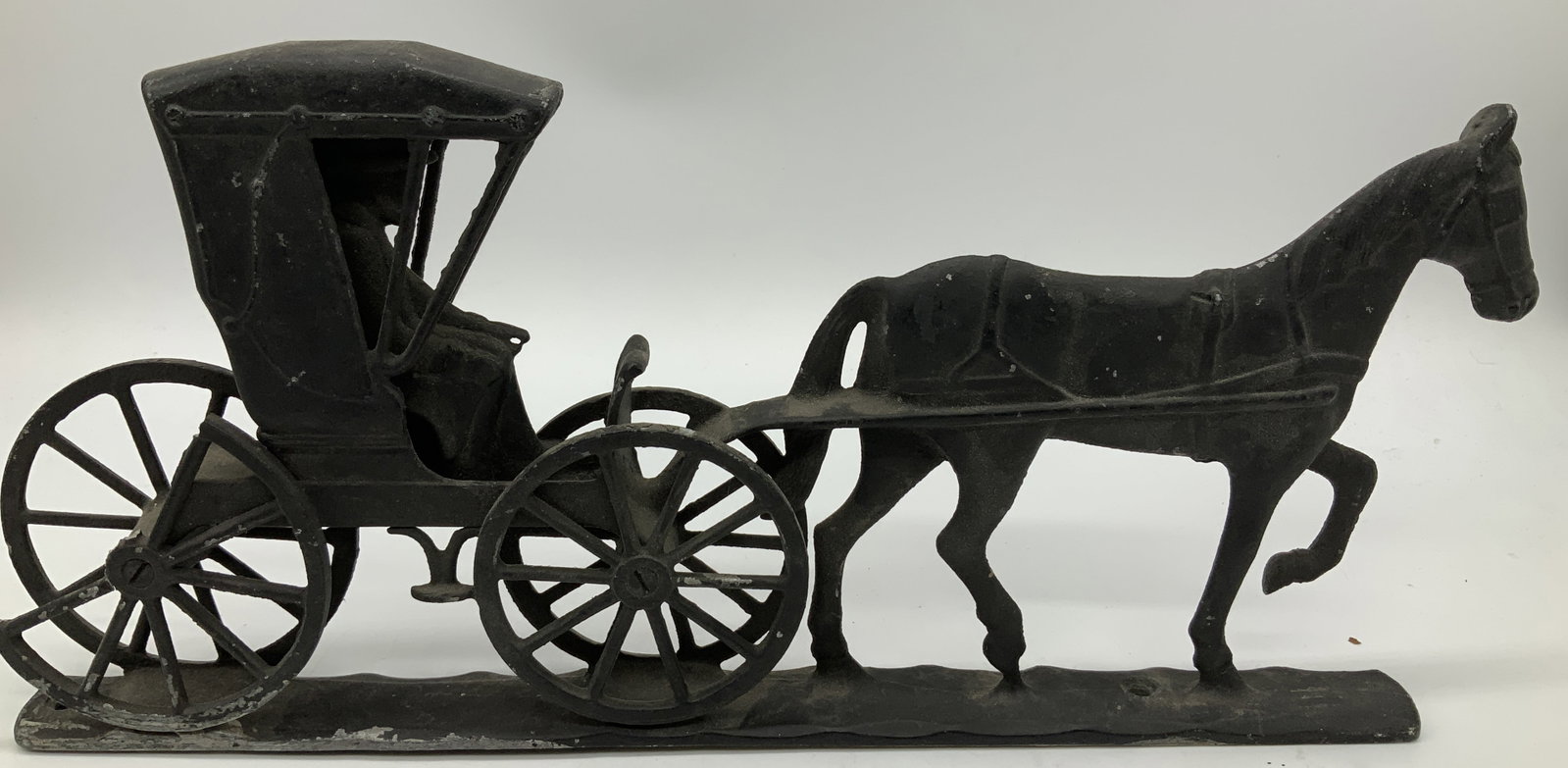 Vntg Metal Horse & Buggy Carriage Figurine: Figurine is metal material with black paint, & features a horse pulling a carriage with a gentleman inside. Surface wear consistent to age, use & exposure. Includes evident paint loss, damages, and lo