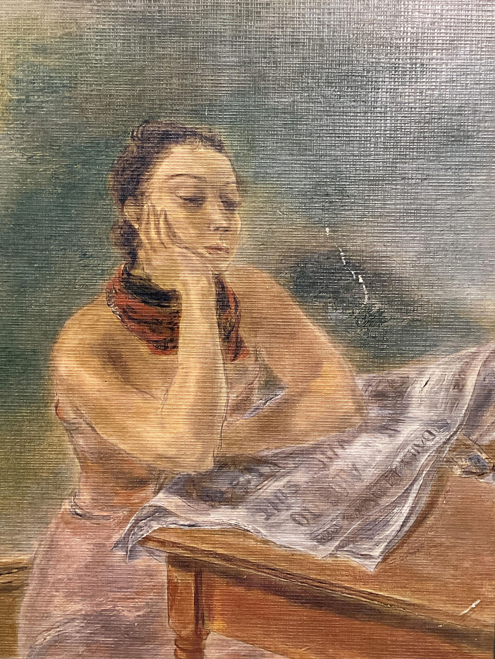 Framed Kuniyoshi Im Tired Fine Art Print: Framed fine art print on board. After Yasuo Kuniyoshi, Im Tired. Woman reading newspaper at table. Gold tone metal frame. Not examined out of frame. Frame measures approx 16 x 12 inches. Some scratchi