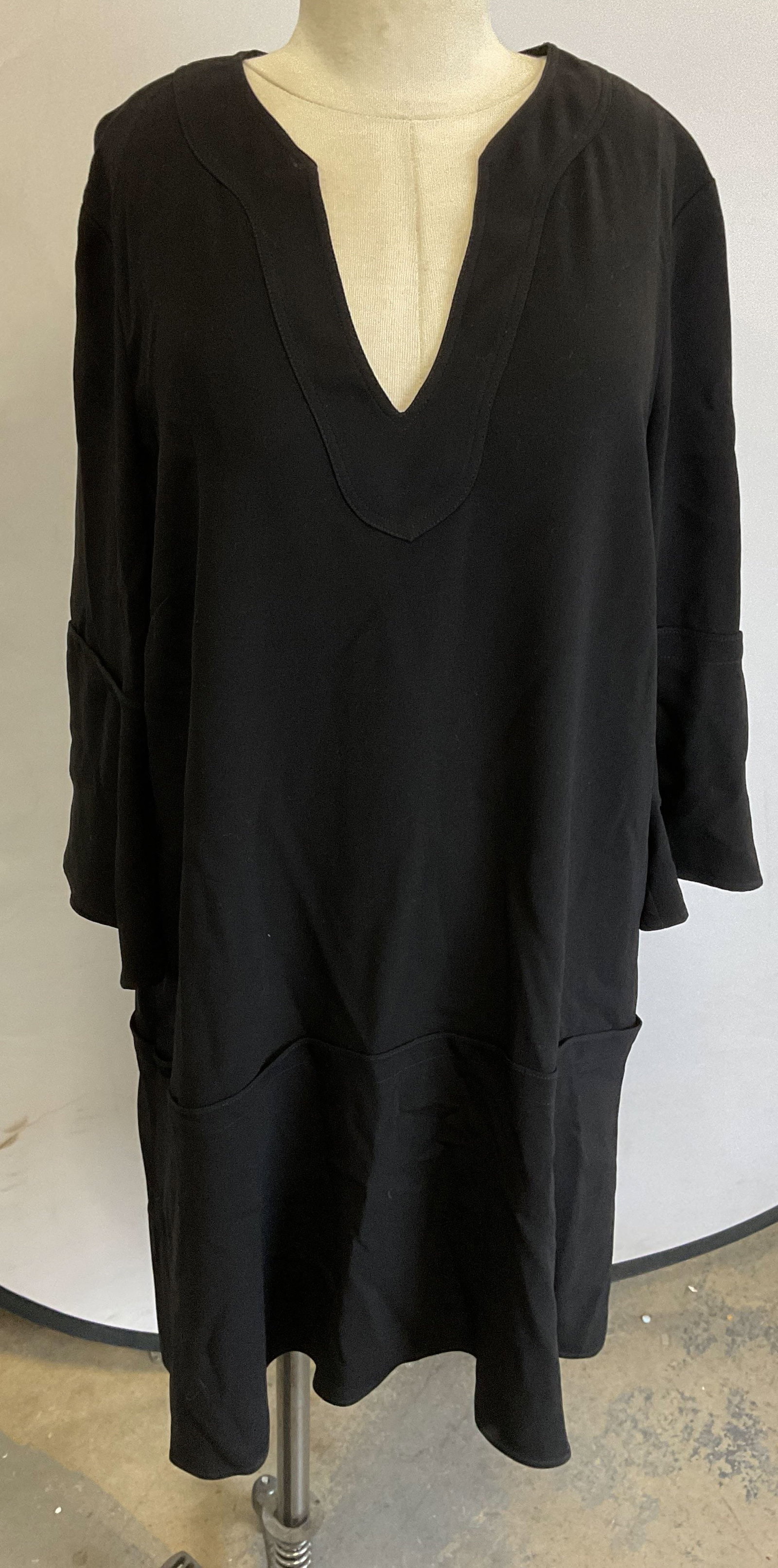 Gerard Darel Black Long Sleeve Midi Dress: Gerard Darel black long sleeve v neck midi dress. Size 48. Acetate. Some wear consistent with exposure. Gerard Darel dress, designer dress, black dress, long sleeve dress, midi dress, casual wear, 10 