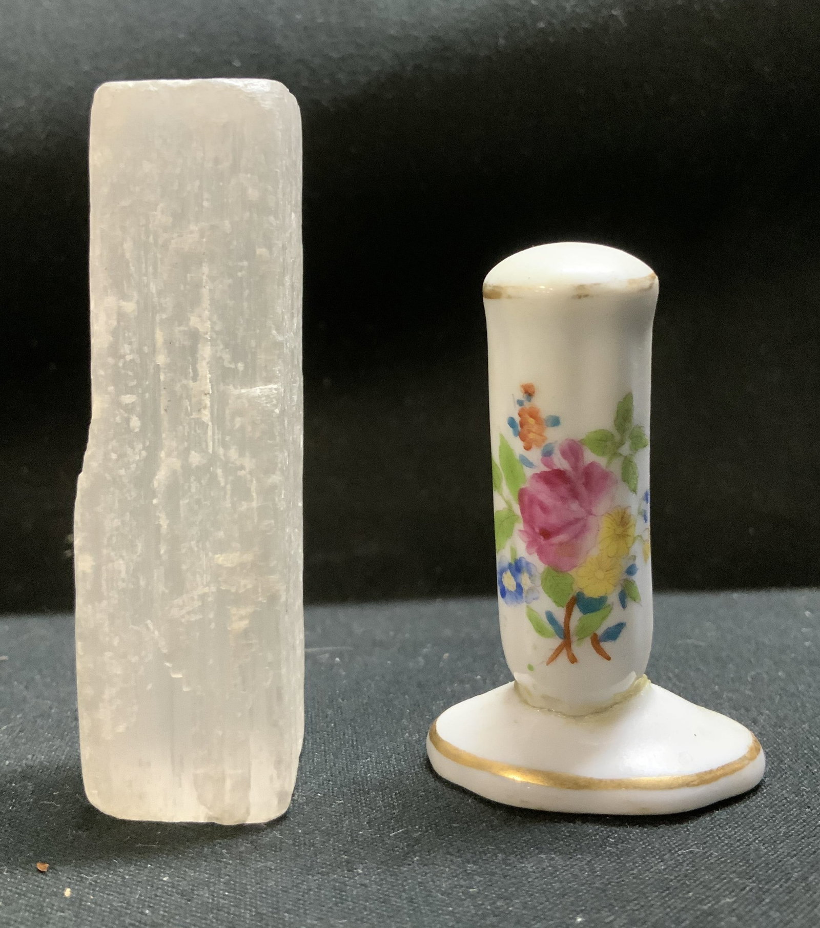 Lot 2 Selenite Crystal&Herend Ring Holder HUNGARY: HUNGARY HUN Lot includes, 1 selenite crystal stick & floral porcelain ring holder. Signed & marked on underside. Reads, HEREND HUNGARY. Surface wear consistent to age, use & exposure. Measurements: le
