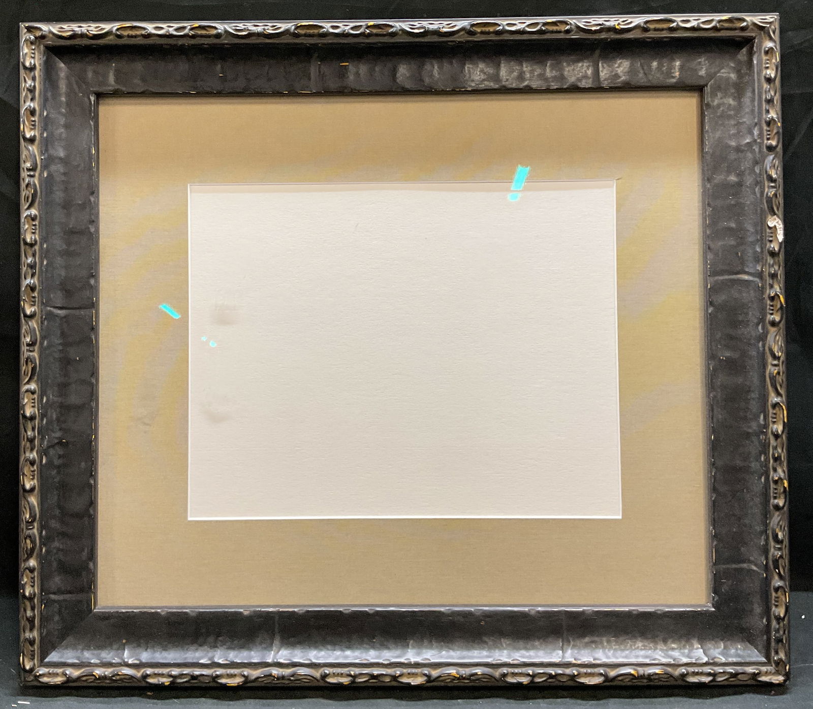 Wood Gesso Hanging Wall Art Frame with Mat: Wood and molded gesso hanging wall frame. Glass cover and mat. Decorative raised border. Measures approx 20.5 x 23.5 inches, window approx 16.25 x 19.25 inches. Some chipping and scratching. Frame, wo