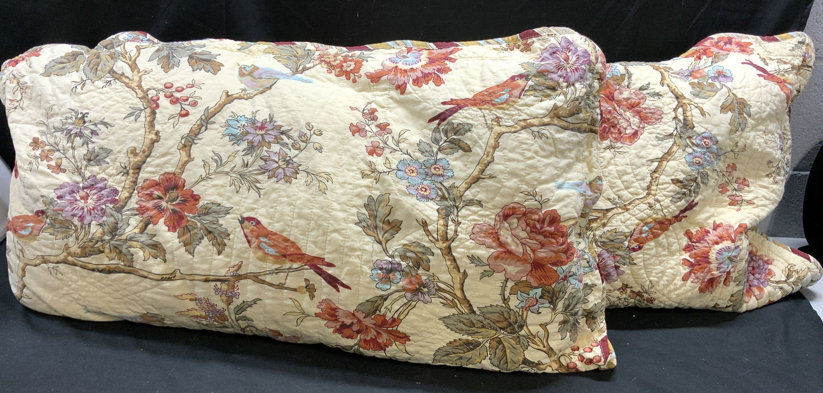 WAVERLY Charleston Chirp Quilted Pillows & Shams 3ft: Tags on pillow shames reads WAVERLY. Lot includes 2 pillows with shams. Each sham is yellow with multi toned floral, leaf & bird detail. (Appears to be WAVERLY Charleston chirp design. Shams are flang