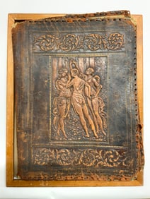 Antique Framed Leather Bound Book W Textile