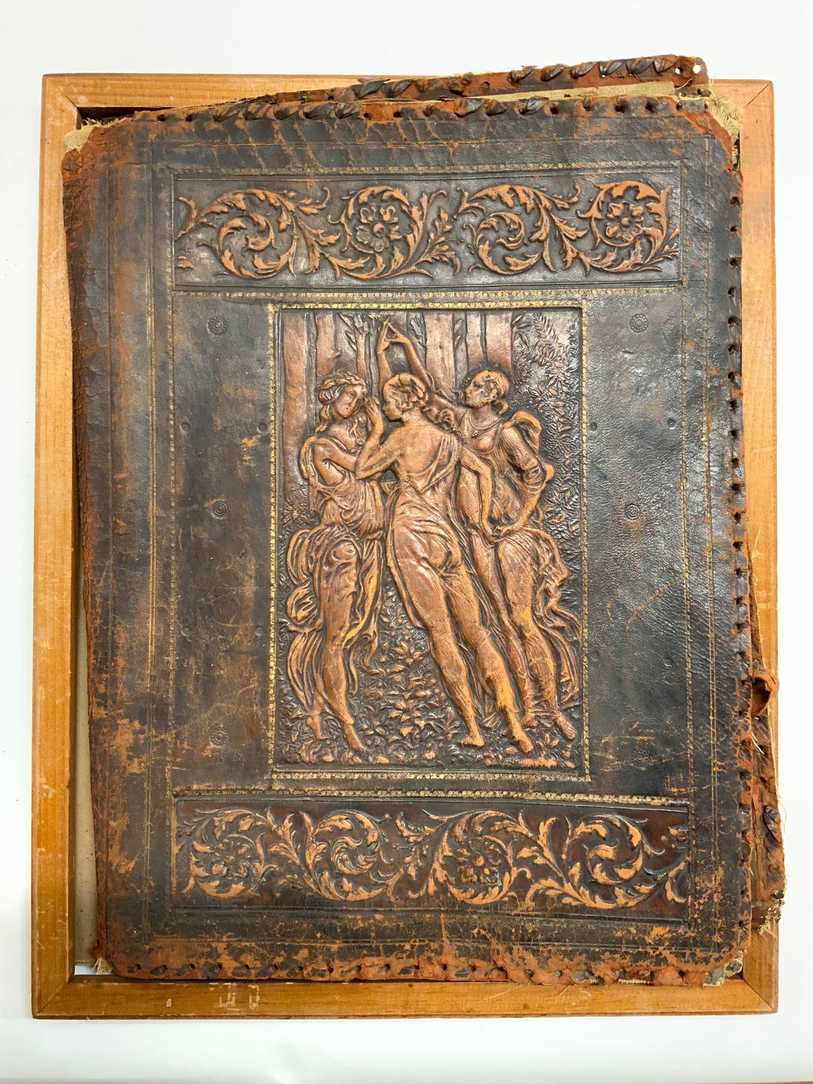 Antique Framed Leather Bound Book W Textile (1 of 8)