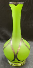 Sterling Silver Overlay Green Satin Glass Vase 11i