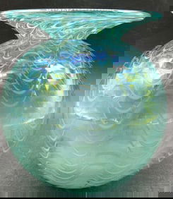 GLASS EYE STUDIO MSH Blue Irdsc H Blwn Art Gls Vse