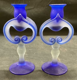 Pair Clear Cobalt Blue Satin Glass Candle Holders