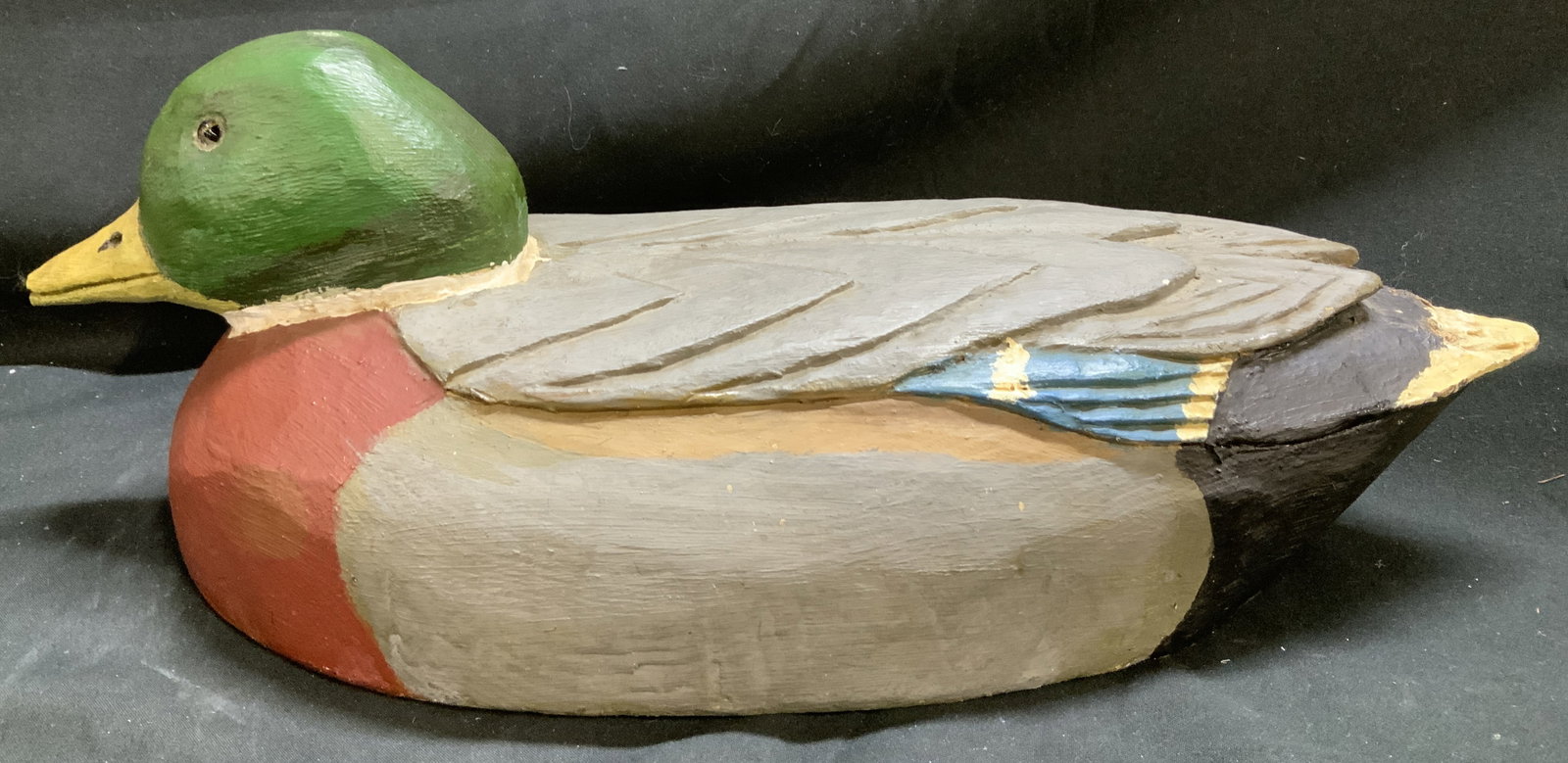 Vntg Hand Painted Wooden Mallard Duck Decoy 14in: Vntg Hand Painted Wooden Mallard Duck Decoy Wooden decoy featuring a hand-carved and painted mallard duck decoy. Decoy features glass eyes & a yellow bill. Surface wear consistent to age, use & exposu