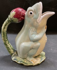 Signed Majolica Frog Flower Ceramic Pitcher