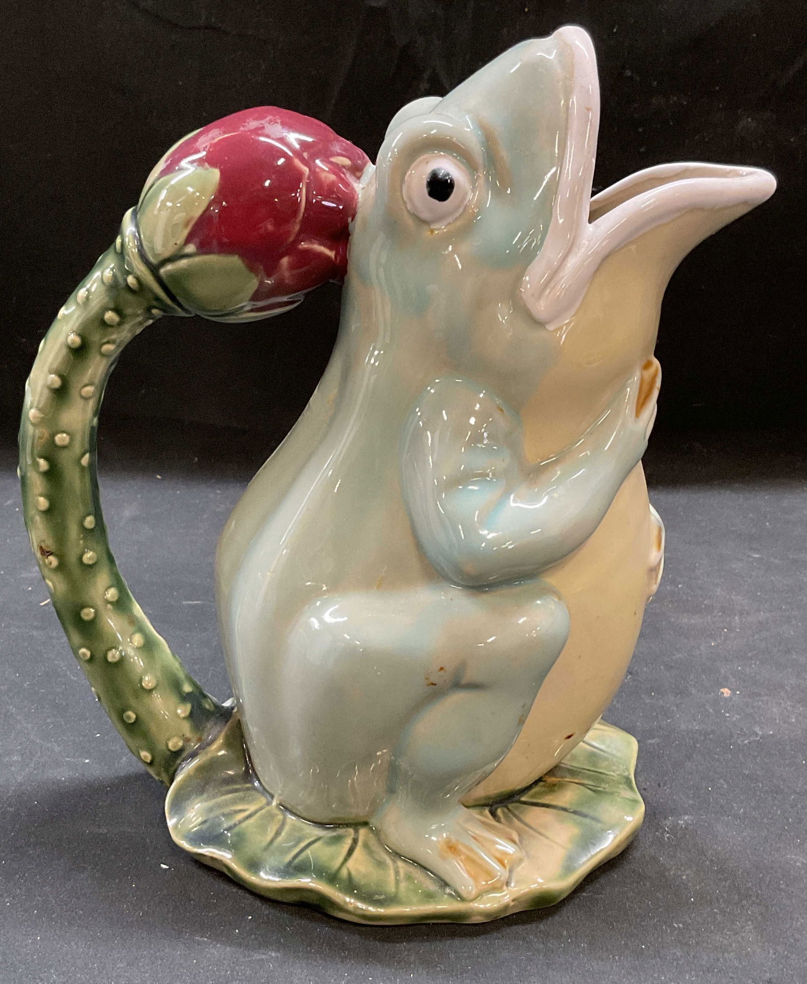 Signed Majolica Frog Flower Ceramic Pitcher (1 of 6)