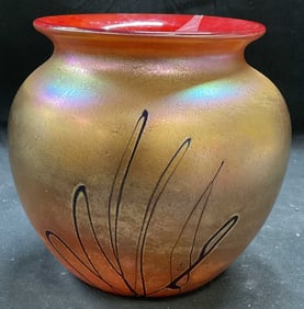 Sgn Raabe Red Gold Iridescent Art Glass Vase 1997