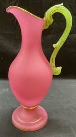 Antique Pink Satin & Uranium Glass Pitcher 13.25in
