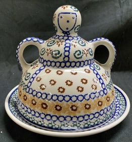 Vntg Polish Pottery Hand Made Cheese Lady W Plate