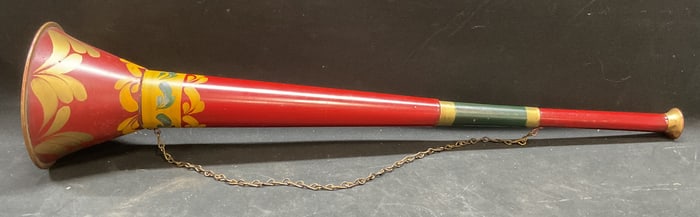 Signed Antq Toleware Firemans Parade Horn 25.5in