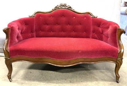 Vtg Victorian Louis XV Crvd Wd Frame Sofa W Cstrs