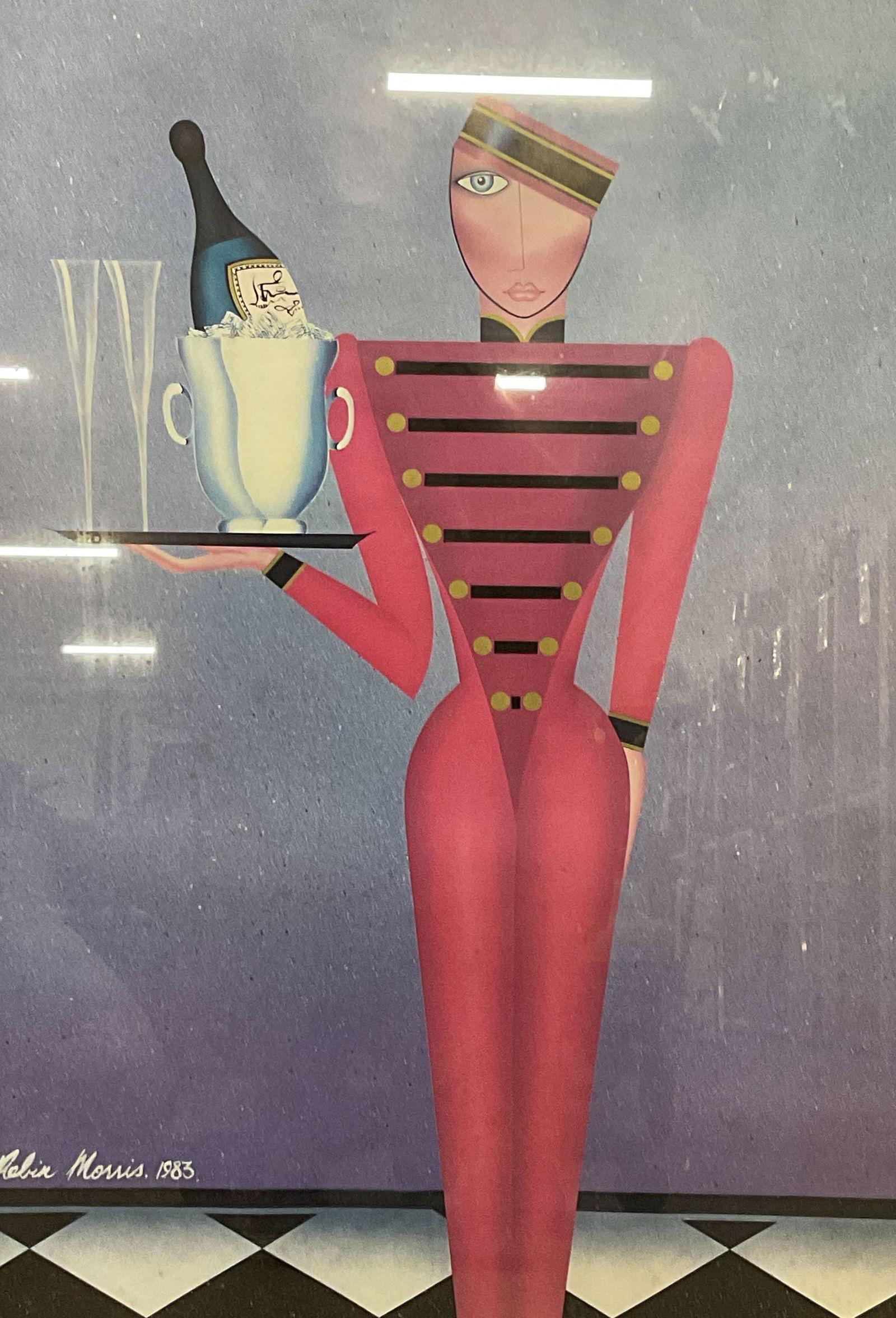 Signed Robin Morris Room Service Litho 38in 1983: Framed lithograph on paper. Signed by hand at lower right, Robin Morris. Room Service, 1983. Bellhop holding tray with champagne and flutes. Black frame. Not examined out of frame. Frame measures appr