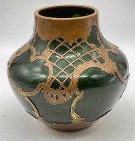 Antq Bronze Overlay Green Art Glass Vase