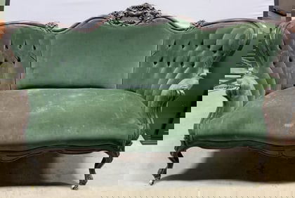 Vtg Victorian Style Wood Velvet Uph Loveseat