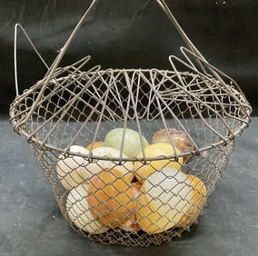 14 Carved Natural Stone Eggs W Egg Basket Italy+