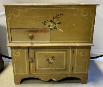 Atq Floral Wooden Washstand W Drawer & Cabinet
