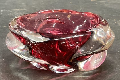 Hand Blown Pink & Clear Art Glass Trinket Dish