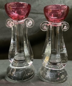 Pair Murano Alfredo Barbini Glass Candlesticks 8in