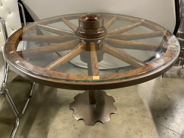 Antique Wooden Wagon Wheel Table W Gls Top 45in D