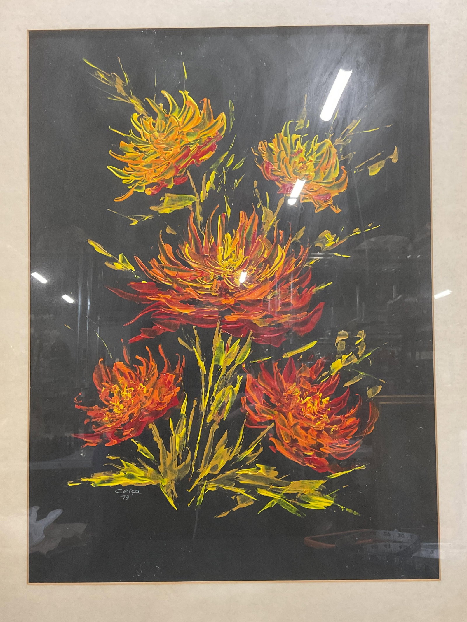 Signed CEICA Floral Still Life Painting 1973 28in: Framed and matted painting on paper, possibly acrylic. Signed and dated at lower left CEICA, 1973. Still life with flowers in red, orange, and yellow. Gold tone metal frame. Not examined out of frame.