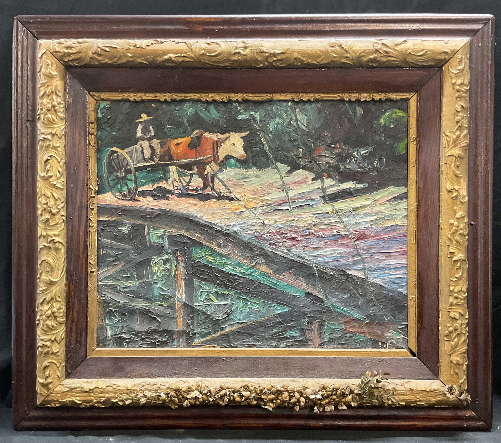 Framed Ox & Cart Over Bridge Oil Painting 30in: Framed oil on canvas painting. Man riding in cart pulled by an ox over a bridge. Impressionist style. Decorative gilt wood and molded gesso frame. Not examined out of frame. Frame measures approx 26 x
