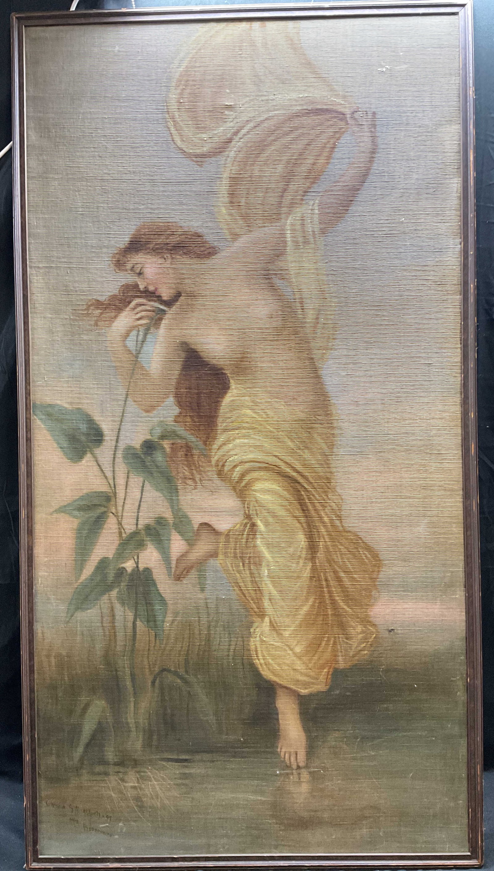 Antq Sgn After Bouguereau Dawn Oil Painting 1897 XL: Framed oil on linen antique painting. After William Adolphe Bouguereau (French, 1825-1905), LAurore. Dawn. Classical style figure of woman partially nude with flower. Signed lower left, partially legi