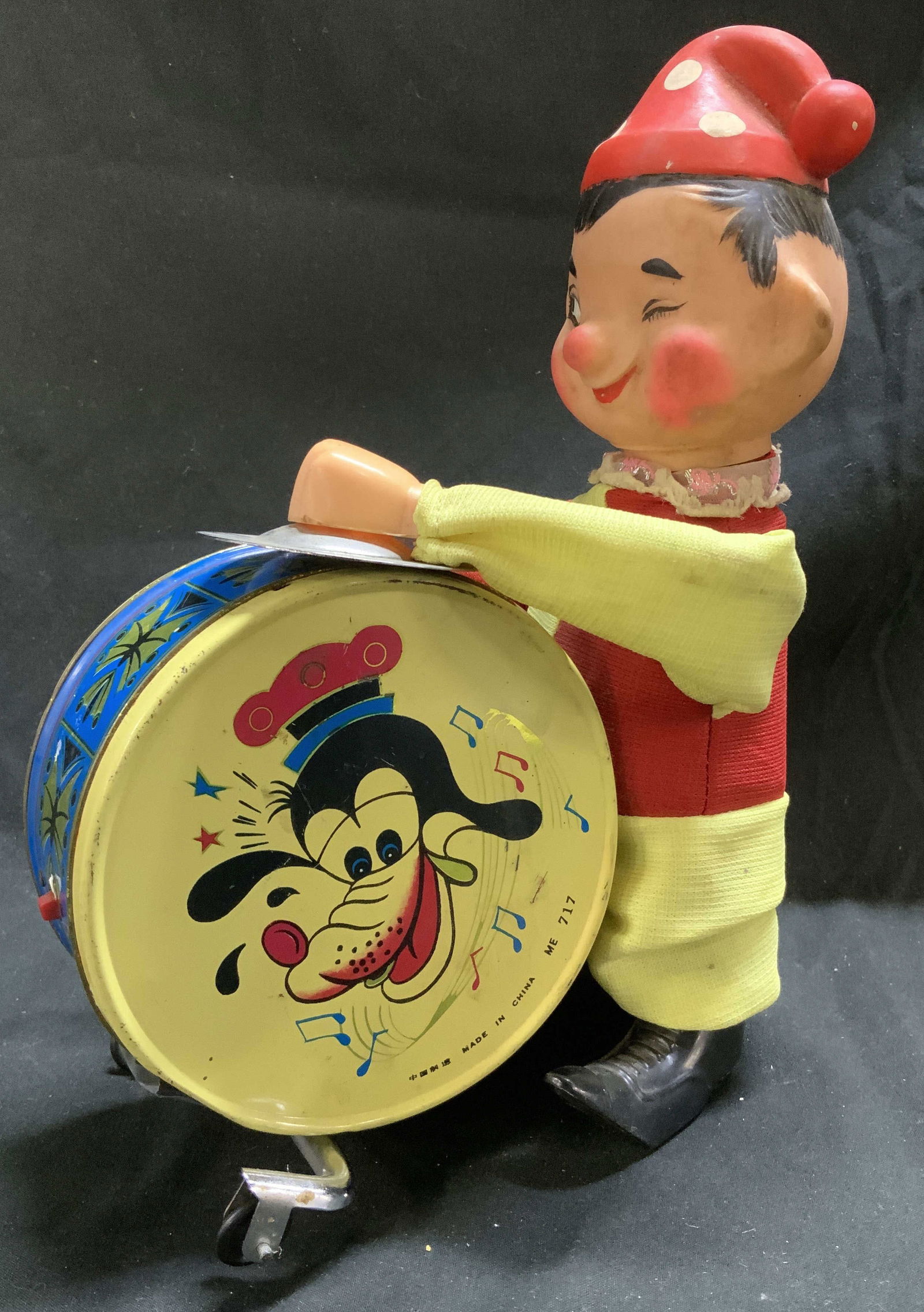 Vntg Chinese Wind Up Drumming Smiley Clown Tin Toy (1 of 7)