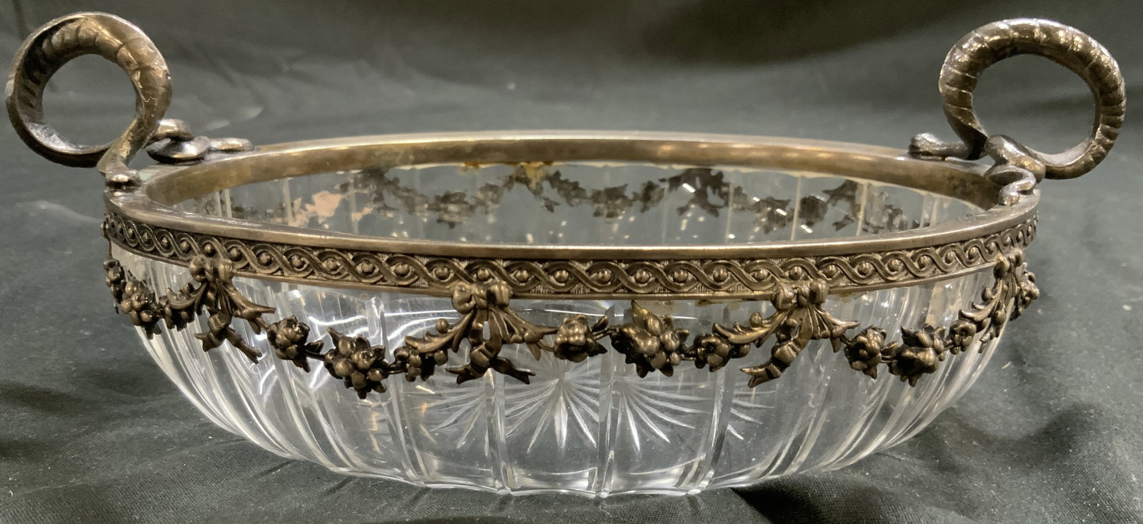 M STUMPF & SOHN 800 Silver Rim Glass Vessel: Rim is inscribed M STUMPF & SOHN 800. Rim is 800 sterling silver with floral, vine & leaf detail, snake form handles at sides. Vessel is glass. Exterior is scalloped. Measures approximately 8 inches l