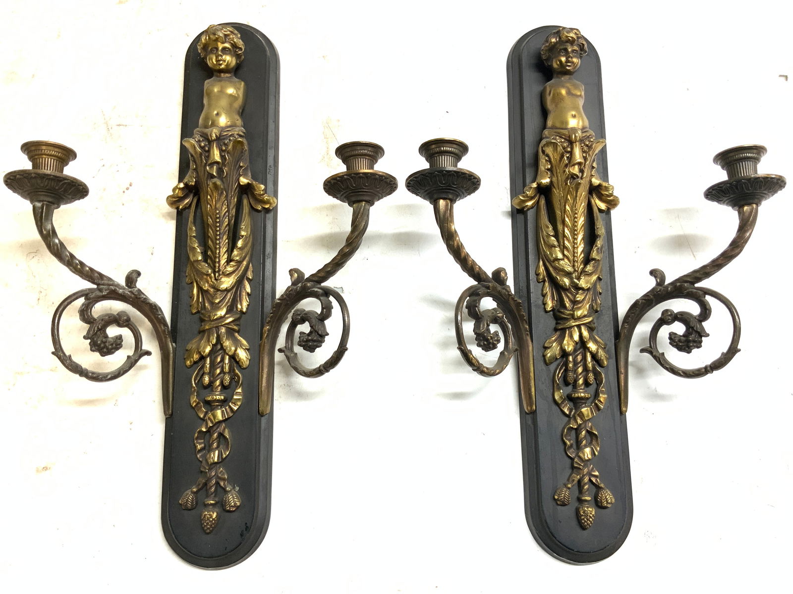 Pr French Gilt Metal & Iron 2 Arm Cherub Sconces (1 of 9)
