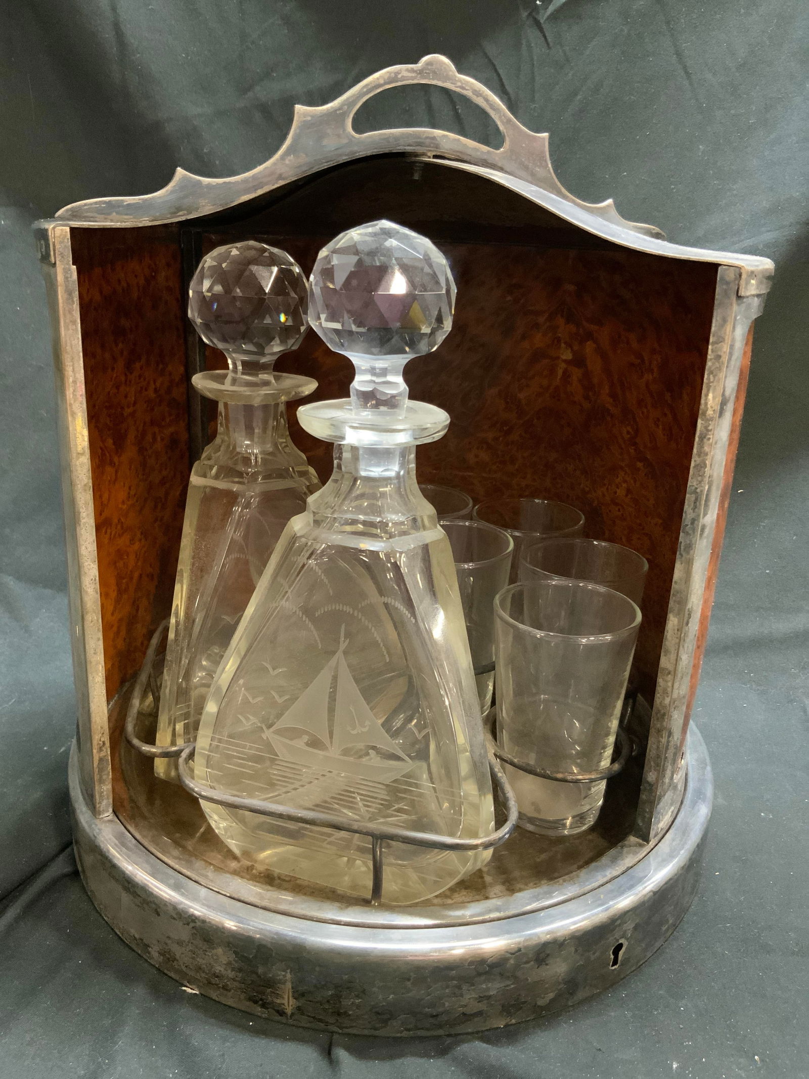 Glass Decanter Set W Burlwood & Silv Pl Case 12in (1 of 10)