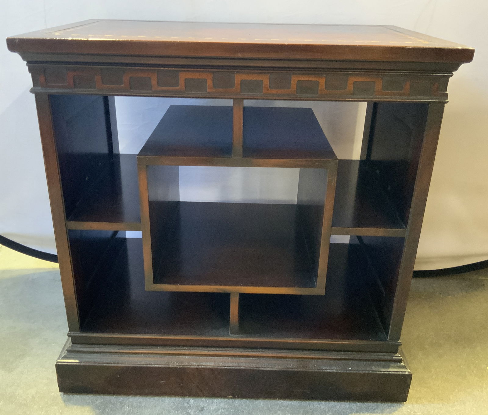 Vtg Inlaid Wood Knick Knack Shelf Leather Top (1 of 9)