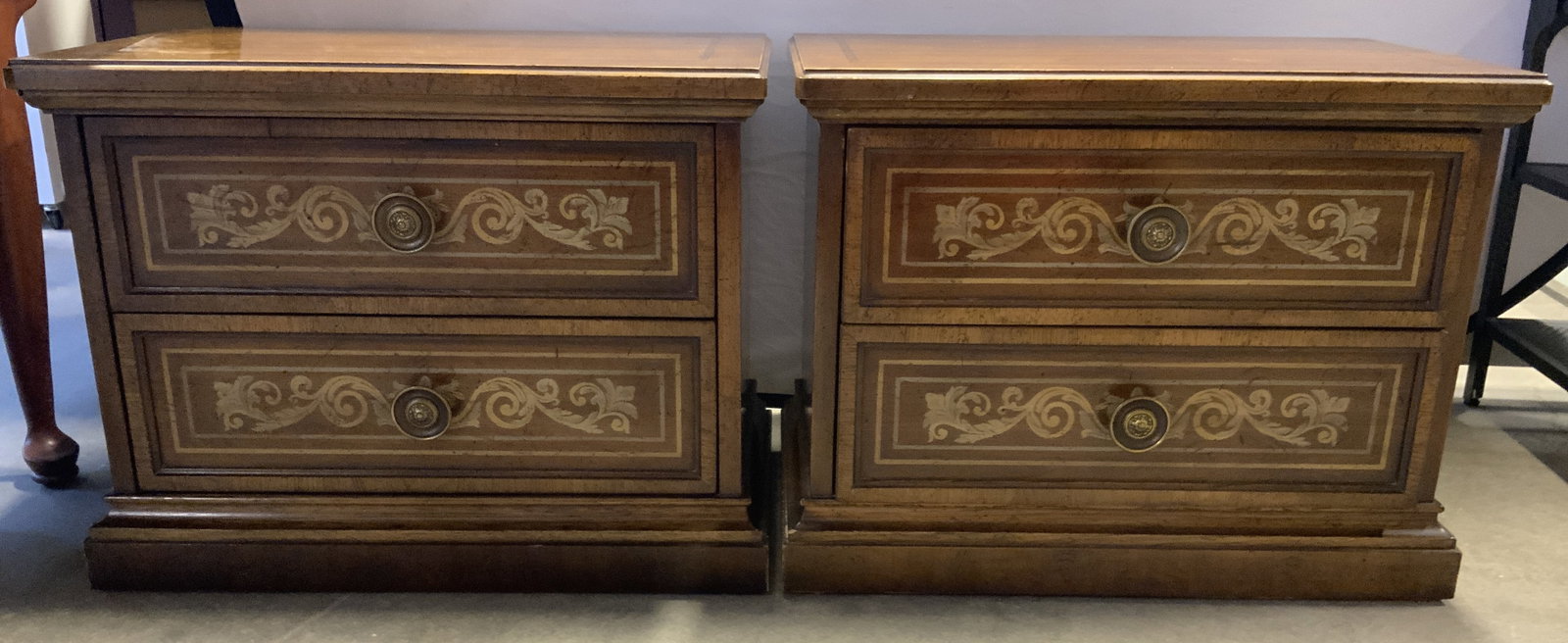 AMERICAN Pr Vtg Wooden Chests Of Drawers: Interiors read AMERICAN OF MARTINSVILLE. Lot includes 2 chests. Each piece is tan toned and wooden. Chests are vintage. Each piece has 2 drawers each with brass knob form handles, hand dovetailing, & 