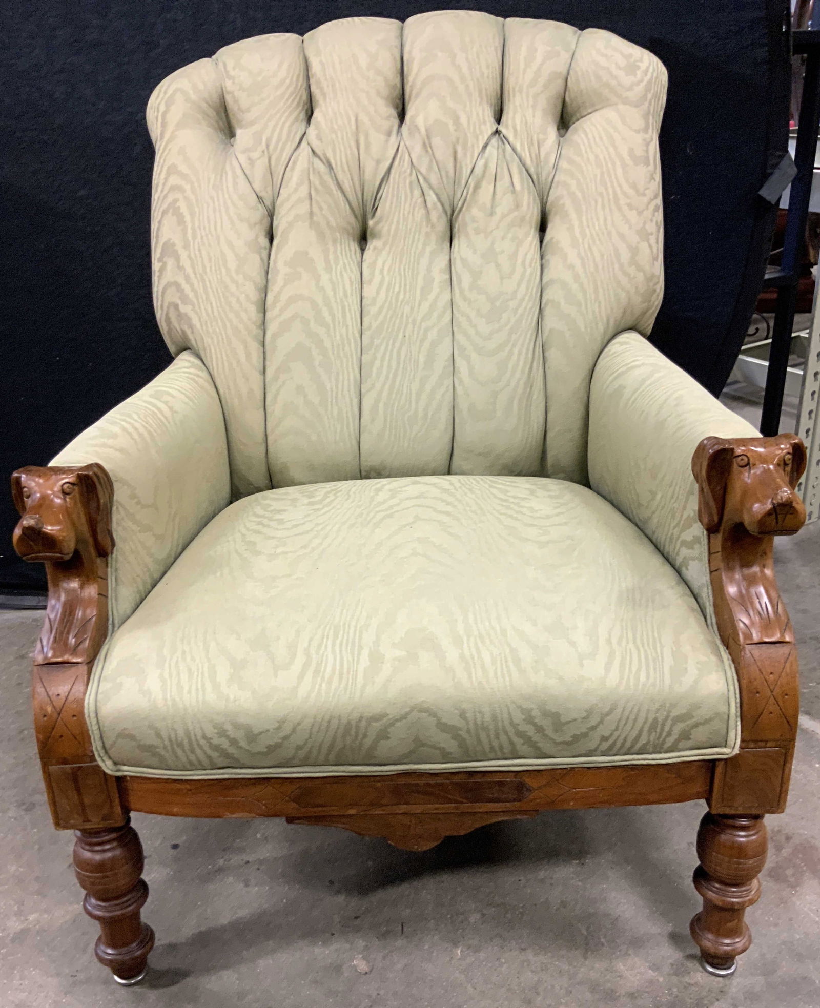 Vtg Walnut Frme Tufted Armchr W Crvd Dog Armrests (1 of 10)