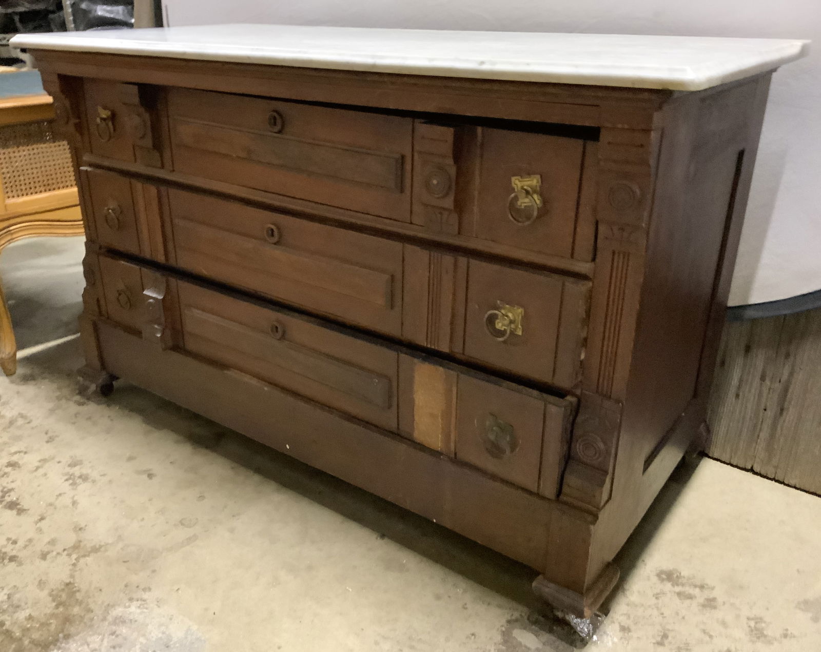 Vintage Wooden 3 Drawer Marble Top Dresser (1 of 10)