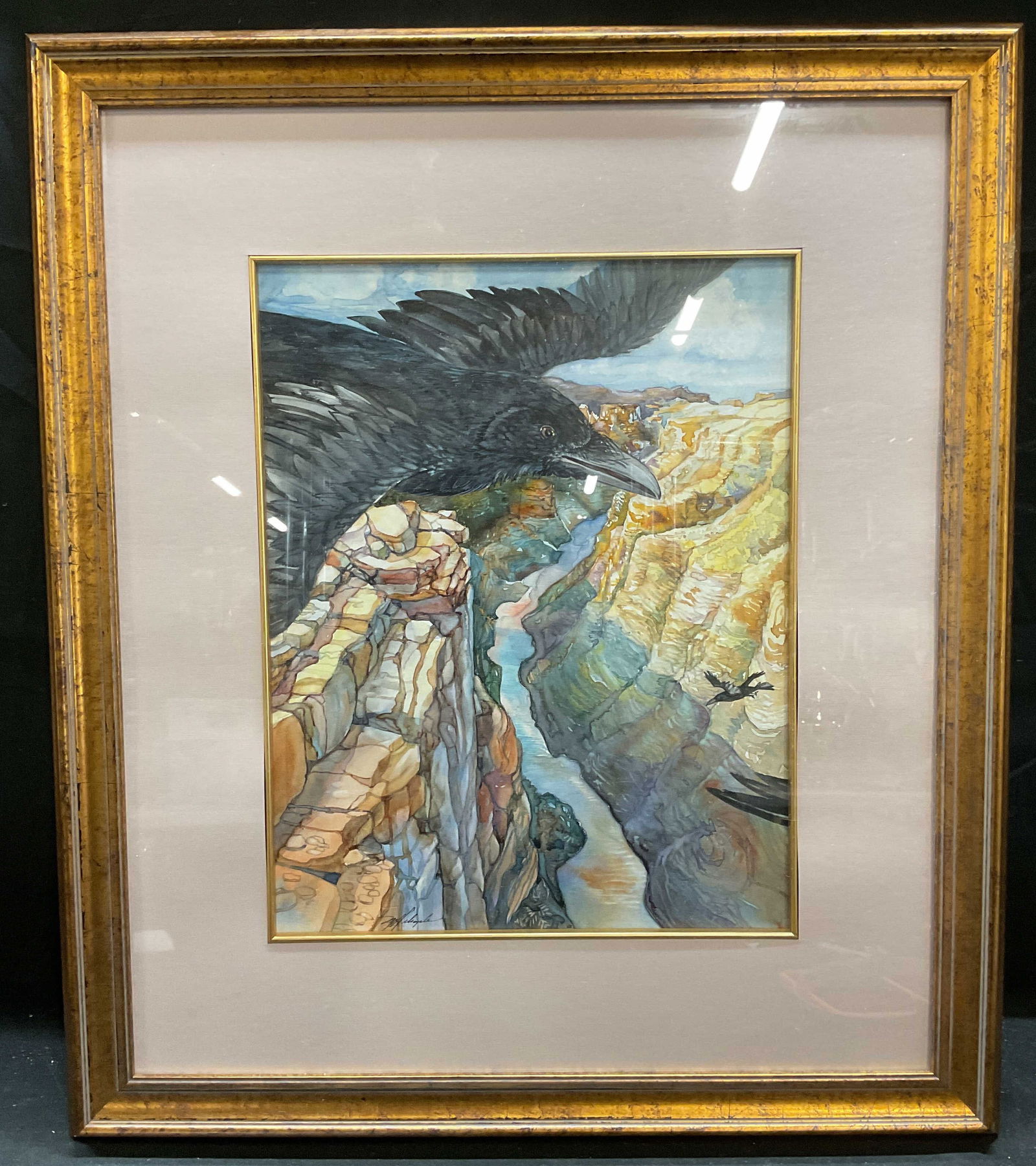 Sgn Mary Helsaple Landscape Watercolor Painting: Framed and matted watercolor painting on clay board. Signed at lower left, Mary Helsaple. Eyes of the Canyon. Bird flying over canyon with river. Faux gilt wood frame. Not examined out of frame. Artis