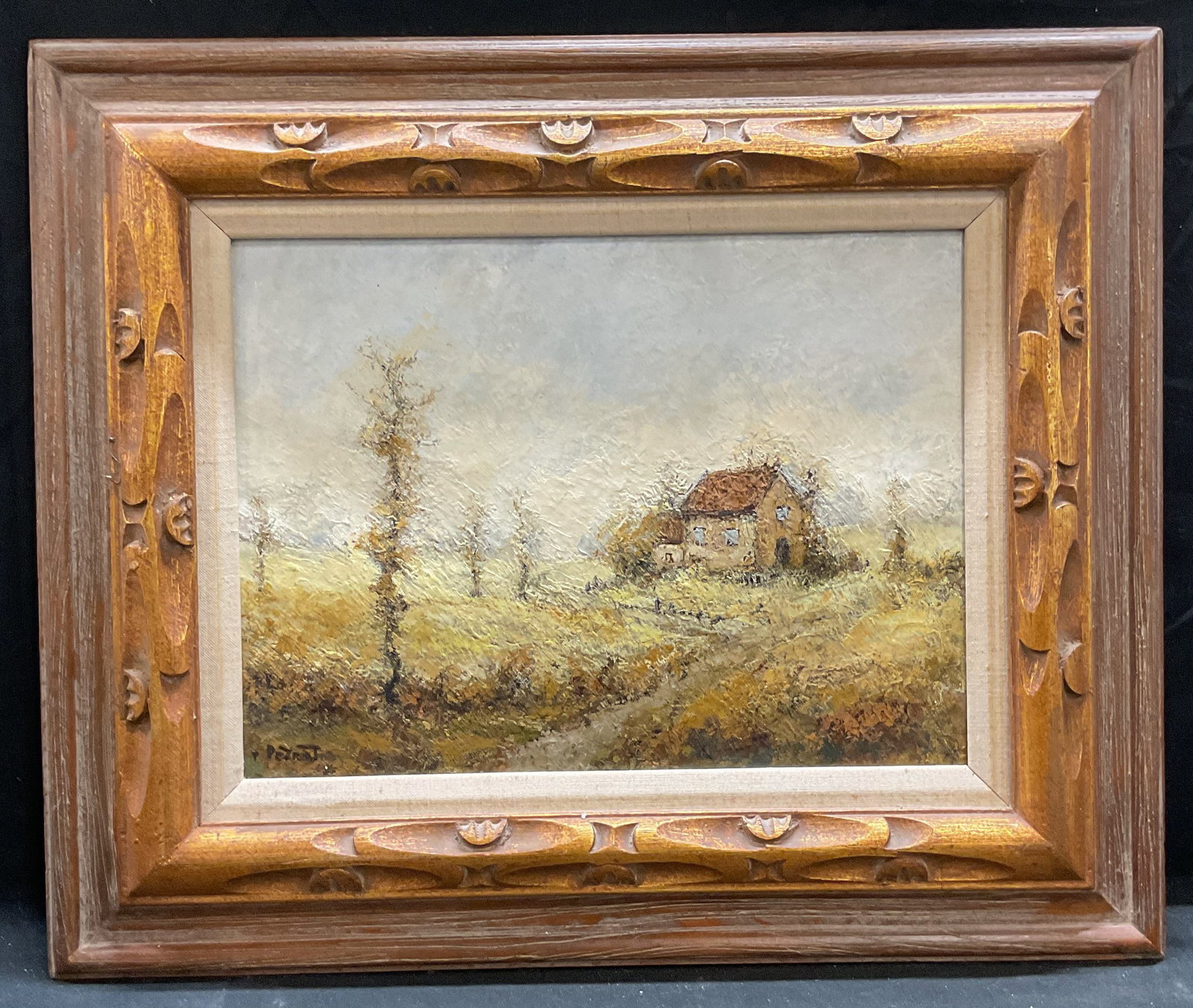 Signed Louis Peyrat Landscape Oil Painting: Framed oil on canvas painting. Signed at lower left, Louis Peyrat. Impressionist style landscape scene with view of house and trees. Decorative carved gilt wood frame. Not examined out of frame. Frame